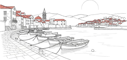 Obraz premium Coastal town with moored boats and distant hills under a hazy sun