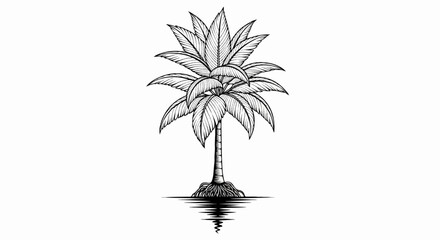 Fototapeta premium Detailed sketch of a tropical palm tree with fronds and roots, reflected in water