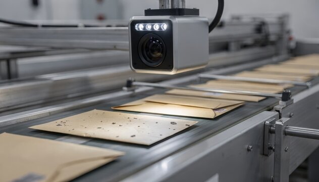 Medium shot of a smart camera vision system inspecting envelopes on a conveyor belt detecting surface defects with high precision in an automated production line.