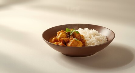 Homestyle chicken curry and rice arranged on a neutral white background