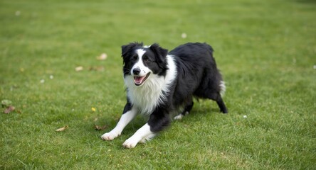 Joyful Border Collie pet playing on a bright green grass lawn on a summer day with full length view