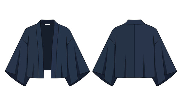 This technical flat drawing depicts a dark blue, loose-fitting, cropped jacket with wide sleeves, ideal for modern fashion design and apparel