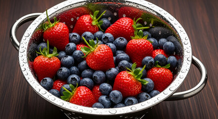 Washing fresh strawberries and blueberries in a passoire