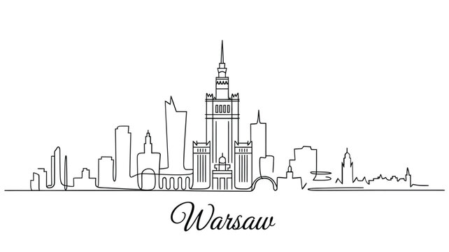 Line art illustration of the warsaw skyline with the city name below