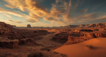 Dry rocky canyon panorama with warm red hues in desert setting