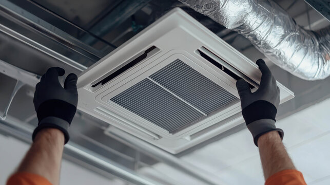 Professional HVAC technician servicing ceiling air conditioning unit in commercial office building