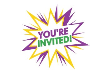 Colorful youre invited text in a comic book style speech bubble isolated on white background