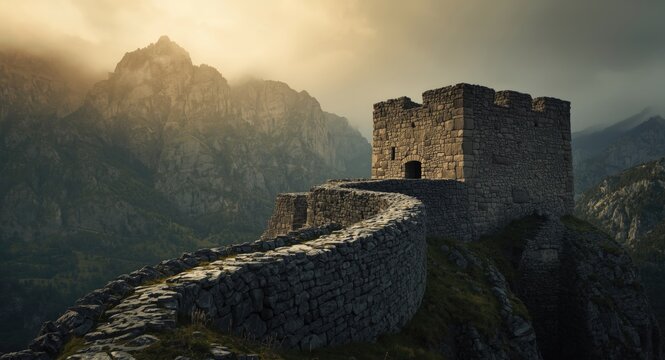 High resolution image of a timeworn stone stronghold set against wild rugged peaks
