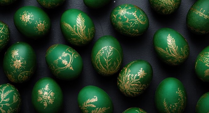 Lush royal green Easter eggs decorated with fine gold patterns displayed on a dark chalkboard finish