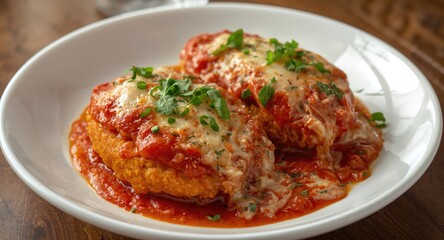 Fototapeta premium Golden fried chicken parmesan topped with creamy cheese and rich tomato sauce served on white dish