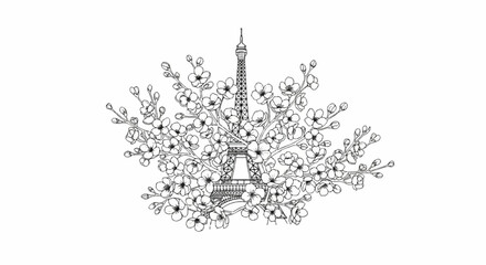 Detailed sketch of the Eiffel Tower adorned with abundant flowering branches