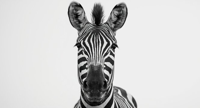 Close up black and white photo of a zebra looking alert