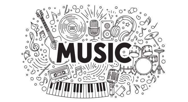 An illustration featuring various music instruments, notes, and the word "MUSIC" in bold against a white background, creating a fun, playful design.