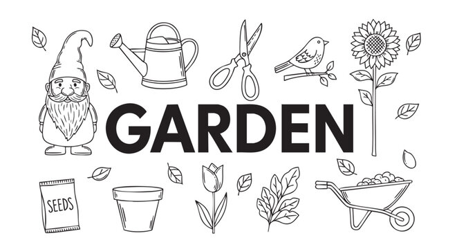 Illustrated garden tools and flowers on a white background with the word "GARDEN" in bold letters, perfect for spring gardening themed projects.