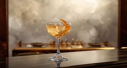 Golden cocktail with shimmering ice served in an upscale hotel bar against a soft warm bokeh light backdrop