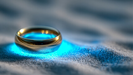 Glowing Golden Blue Ring Floating Above White Surface with Copy Space