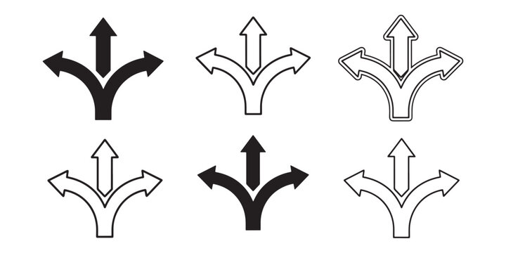 Vector set of three-way split arrow icons, collection of triple direction pointers and decision point symbols for web and business infographic design.