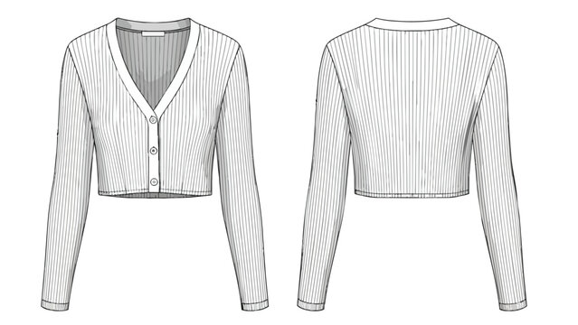 Contemporary women's ribbed cropped cardigan design flat sketch with precise technical detailing for garment construction and fashion illustration