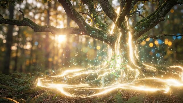 Luminous Oak Leaves in Golden Cyan Glow