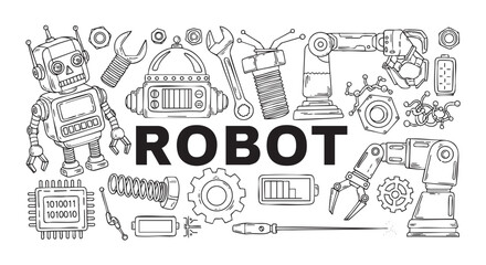 Fototapeta premium A black and white doodle-style illustration featuring robot parts, tools, and the word ROBOT, perfect for educational materials and tech-themed creative projects.