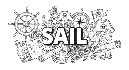 A black and white doodle-style drawing showcasing pirate themed elements like a ship wheel, treasure map, parrot, and cannon, with the word "SAIL" prominently displayed.