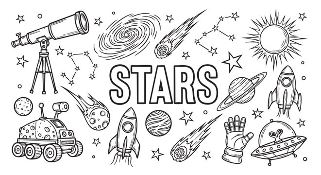 Black and white doodle illustration of space elements including stars, planets, rockets, telescope, asteroids, alien spaceship perfect for coloring books or graphic design.