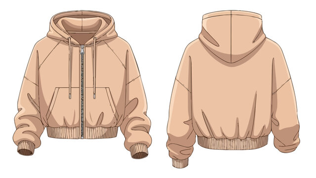 Contemporary cropped zip-up hoodie design in light beige, front and back technical fashion illustration concept