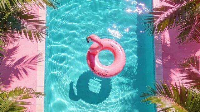 Pink flamingo pool float top view crystal clear turquoise water tropical palm trees summer vacation paradise horizontal footage
