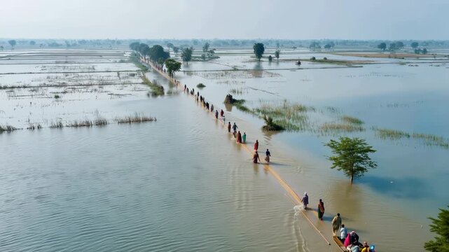 Aerial view of villagers walking single file along flooded rural road through submerged farmland