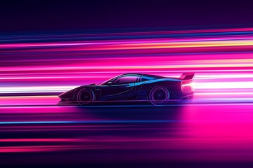 Obraz premium Dark sport car zooming past with colorful speed streaks. Concept of fast movement