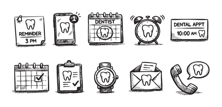 A set of hand-drawn doodle icons related to dental appointments, perfect for use in websites, marketing materials, and other visual communications.
