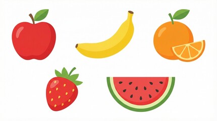 Fototapeta premium Fresh fruit clipart set, apple, banana, orange, strawberry, watermelon, flat colorful vector, clean shapes, isolated white background