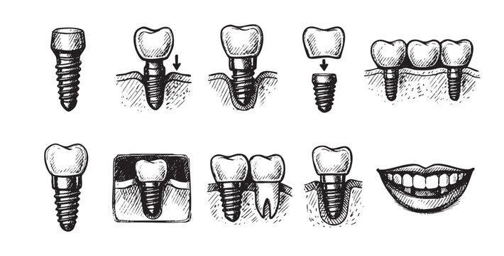 Black and white sketch illustration of various dental prosthetics including implants, dentures, bridges, and a full set of teeth in a glass. Use for dental, medical concepts.