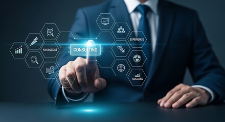 Businessman interacting with a digital interface displaying various business and technology icons.