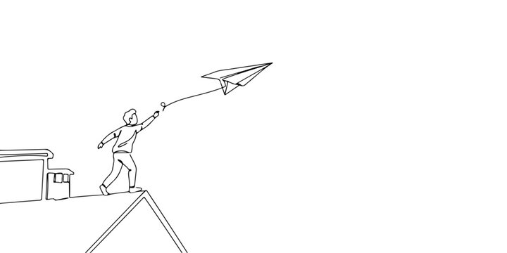 Continuous one line of a person flying a paper plane from a rooftop, symbolizing playfulness and imagination, drawn illustration.