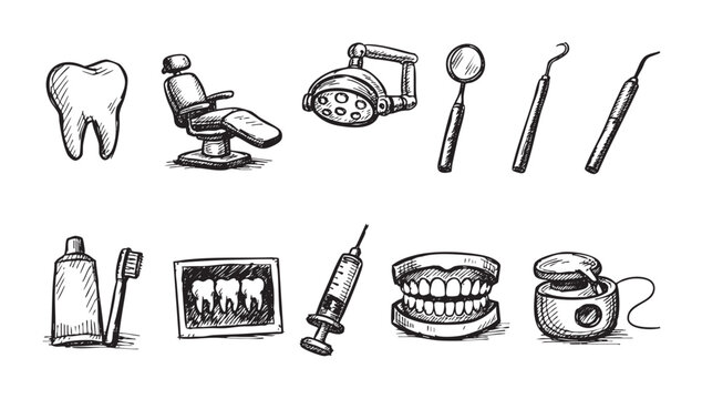 Hand-drawn dental elements including tooth, chair, light, tools, x-ray, toothbrush, paste, dental floss, teeth model, syringe. Illustration for dental care concepts.