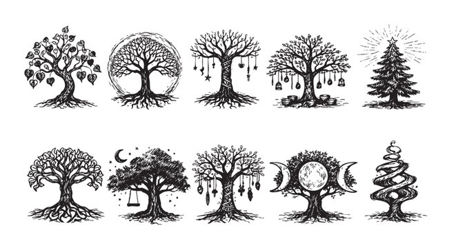 Illustration featuring a set of ten black and white trees, some decorated with moons, charms, swing, and star. Ideal for use in nature, spirituality, or design projects.