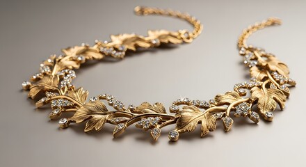 Obraz premium Intricate gold necklace featuring delicate leaf motifs and sparkling diamonds, elegantly displayed on a smooth gray surface.