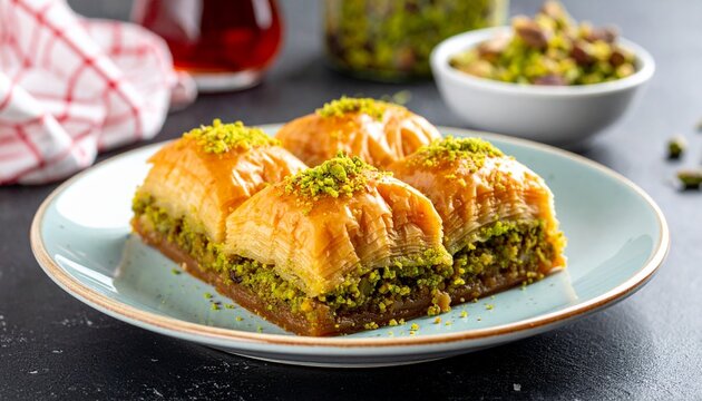 Delicious pistachio baklava on a plate a sweet treat perfect for dessert or snacks showcasing eastern sweets.