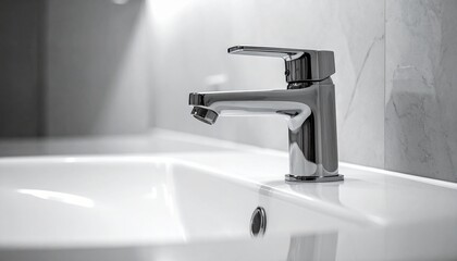 Fototapeta premium Modern Chrome Bathroom Faucet on White Sink Clean Interior Design Plumbing Fixture Shiny Metal Minimalist Style.