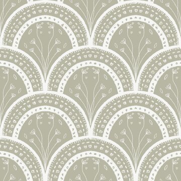 Floral seamless pattern. Hand drawn scallop pattern in green tones