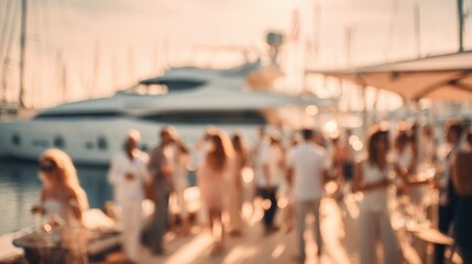 Obraz premium Defocused yacht party background with calm sea and luxury outdoor setting
