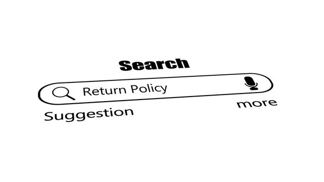 Return policy search bar on white background, minimal black web browser interface with magnifying glass and voice search icon, e-commerce and consumer rights seo concept.