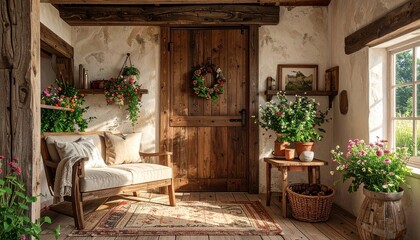 Rustic indoor scene featuring wooden details plants and warm lighting creating cozy inviting atmosphere.