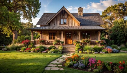 Charming Rustic Cottage with Beautiful Flower Garden and Lush Green Lawn Warm Light Peaceful Home Ambiance.