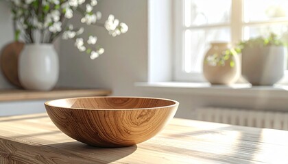 Wooden Bowl Simplicity on Countertop Natural Wood Grain and Minimalist Aesthetic for Home Decor and Lifestyle.