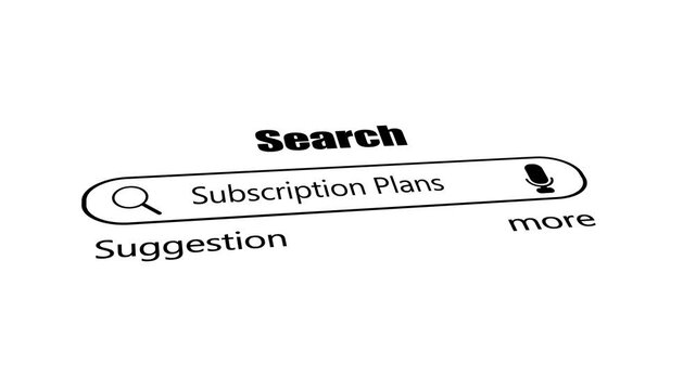 Subscription plans search bar on white background, minimal black web browser interface with magnifying glass and voice search icon, membership and pricing seo concept.