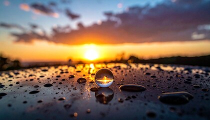 Crystal Ball Reflecting a Golden Sunset Scenery Representing Hope and Peace with Water Droplets for a Serene Mood.
