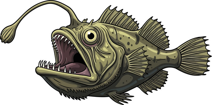 Menacing green anglerfish with wide open mouth and sharp fangs