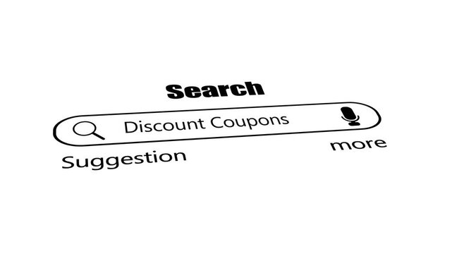 Discount coupons search bar on white background, minimal black web browser interface with magnifying glass and voice search icon, online shopping and retail seo concept.